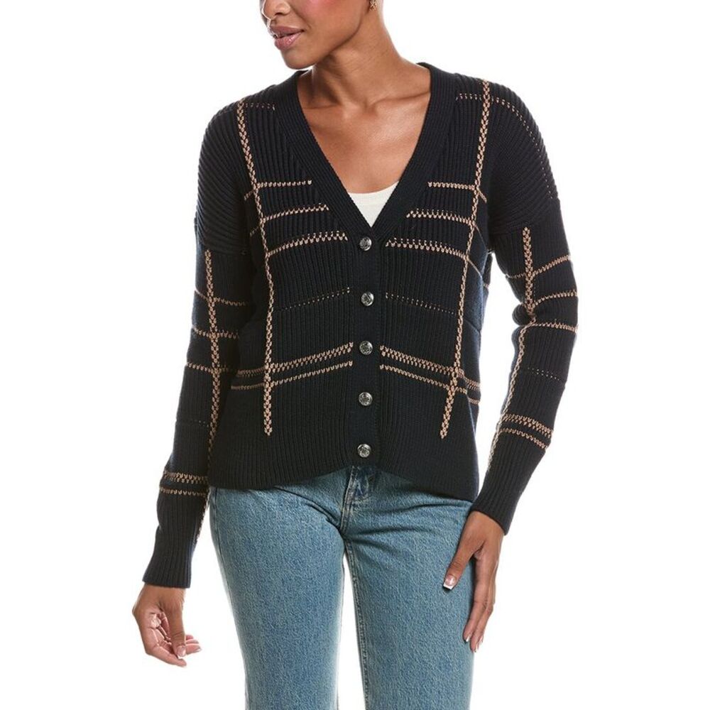 Autumn Cashmere Womens  Plaid Shaker Cardigan, Navy